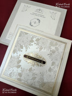 KLB-1377 White Grey Floral Padded Thick Wedding Card (2 Page & Couple Name Wooden Plate)