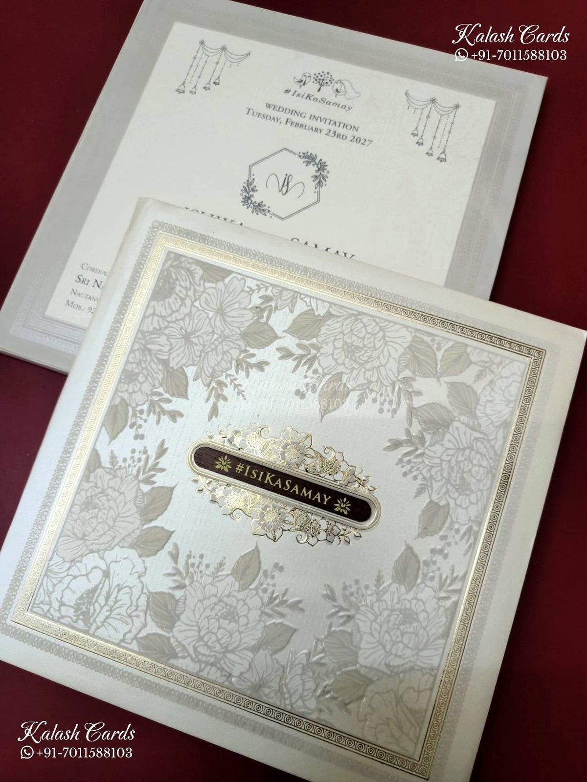 KLB-1377 White Grey Floral Padded Thick Wedding Card (2 Page & Couple Name Wooden Plate)