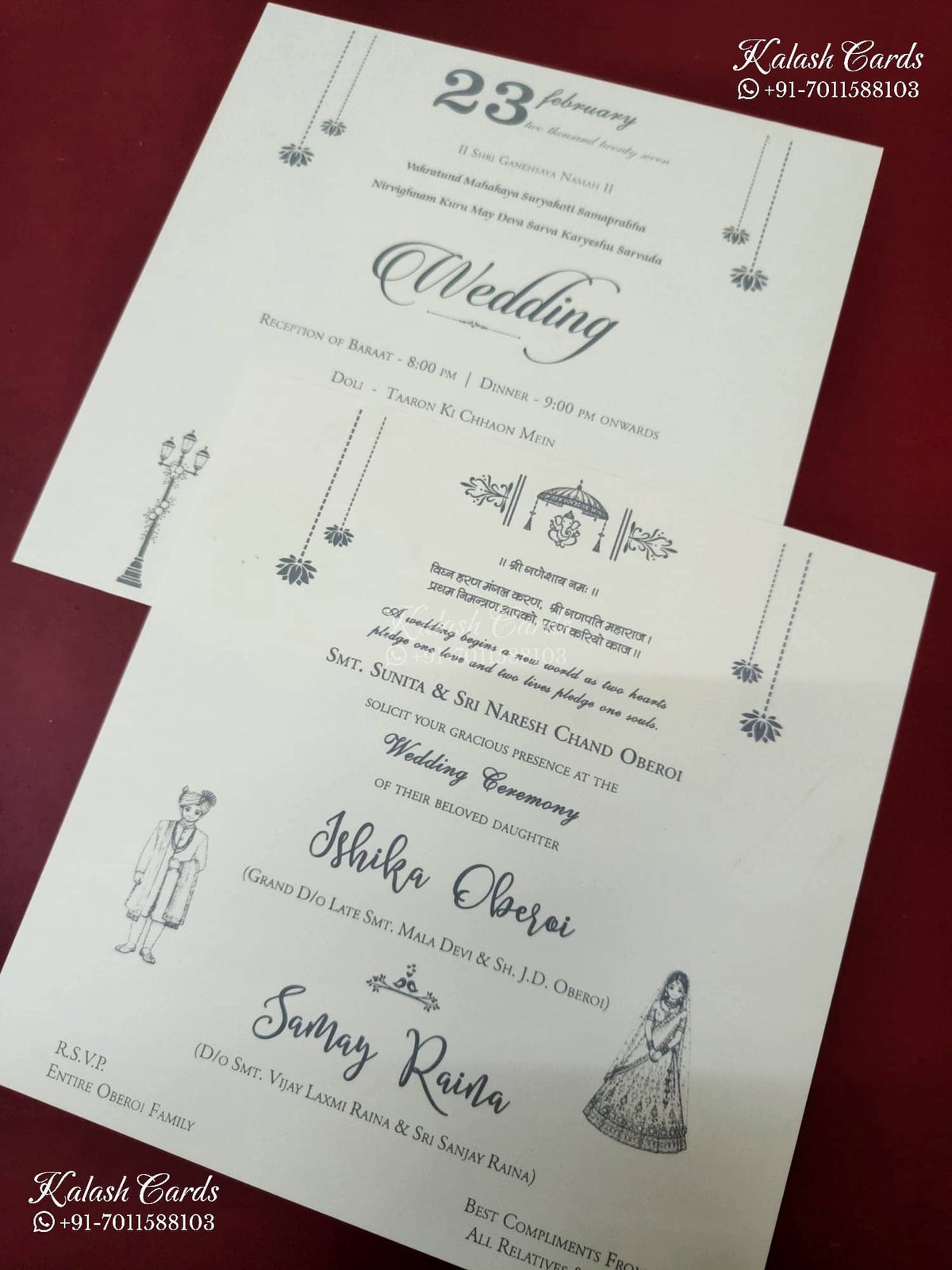 KLB-1377 White Grey Floral Padded Thick Wedding Card (2 Page & Couple Name Wooden Plate)