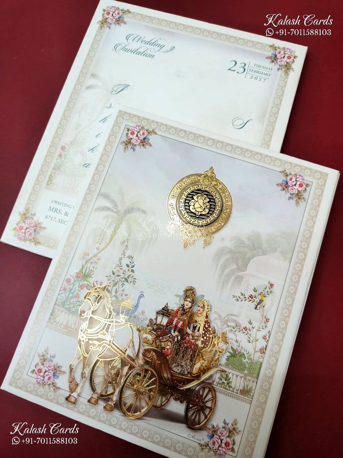 KLB-1378 White Blue Ghodi Barat Padded Thick Wedding Card (2 Page)