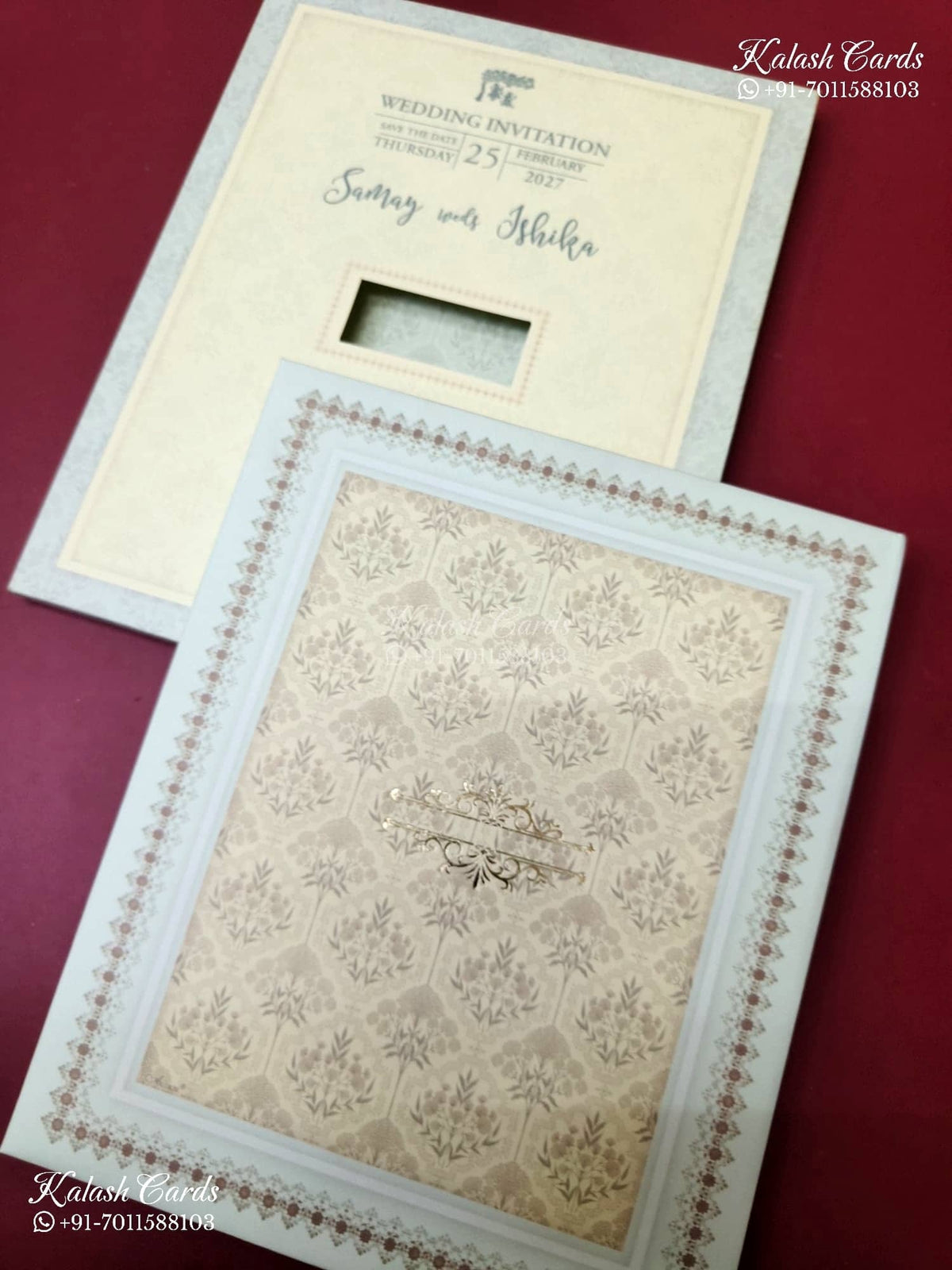 KLB-1379 Creme Blue Traditional Padded Thick Wedding Card (2 Page)-Kalash Cards