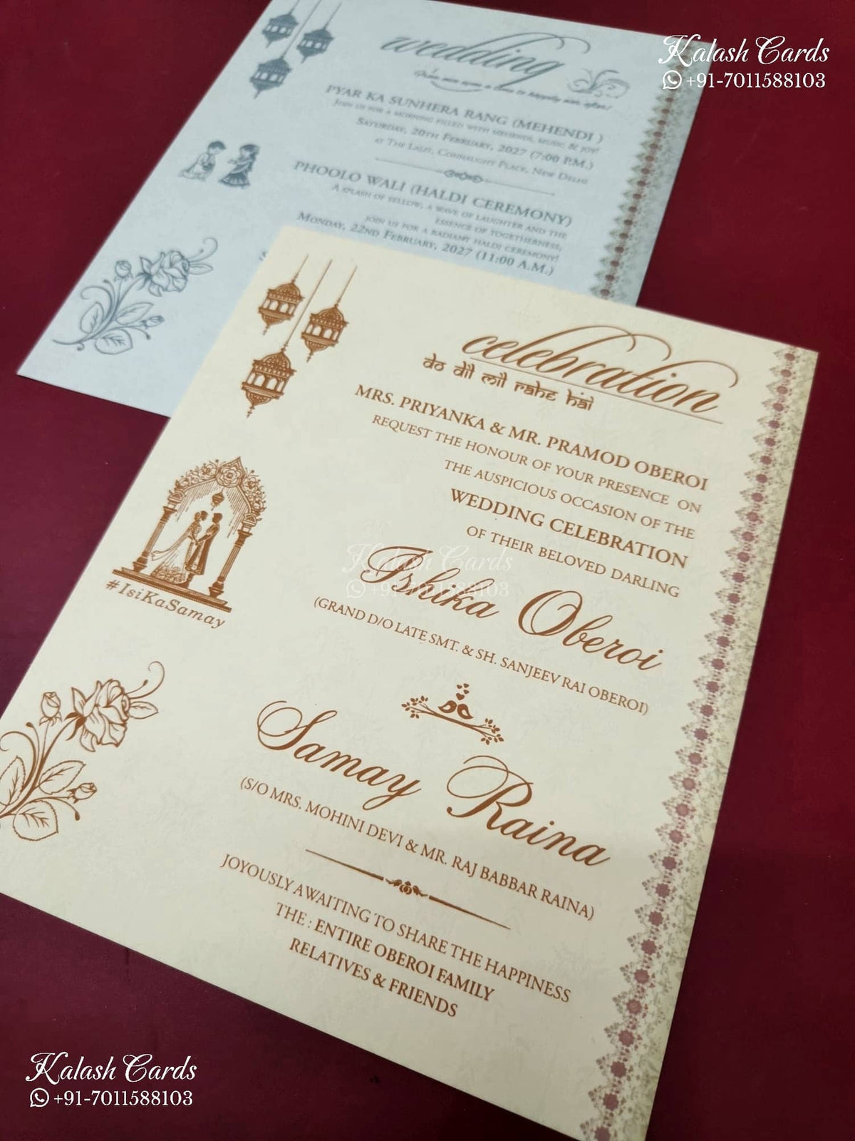 KLB-1379 Creme Blue Traditional Padded Thick Wedding Card (2 Page)-Kalash Cards