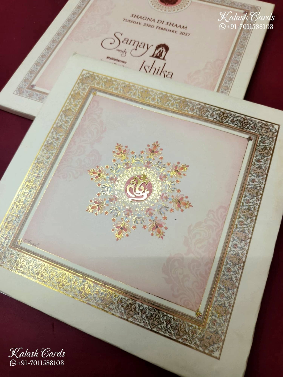 KLB-1380 Creme Pink Floral Padded Thick Wedding Card (2 Page)