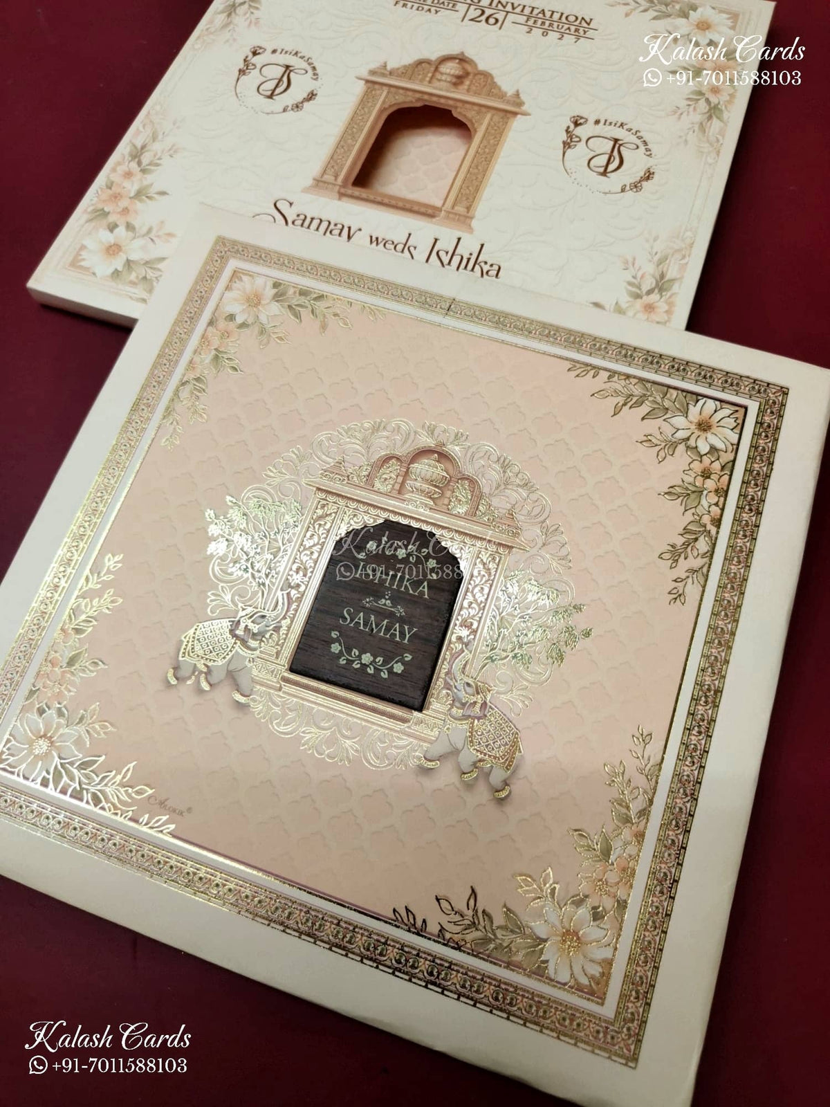 KLB-1381 Creme Peach Elephant Padded Thick Wedding Card (2 Page & Couple Name Wooden Plate)-Kalash Cards