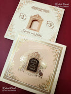 KLB-1381 Creme Peach Elephant Padded Thick Wedding Card (2 Page & Couple Name Wooden Plate)-Kalash Cards