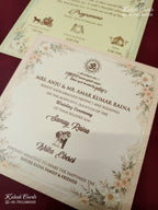 KLB-1381 Creme Peach Elephant Padded Thick Wedding Card (2 Page & Couple Name Wooden Plate)-Kalash Cards