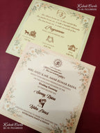 KLB-1381 Creme Peach Elephant Padded Thick Wedding Card (2 Page & Couple Name Wooden Plate)-Kalash Cards