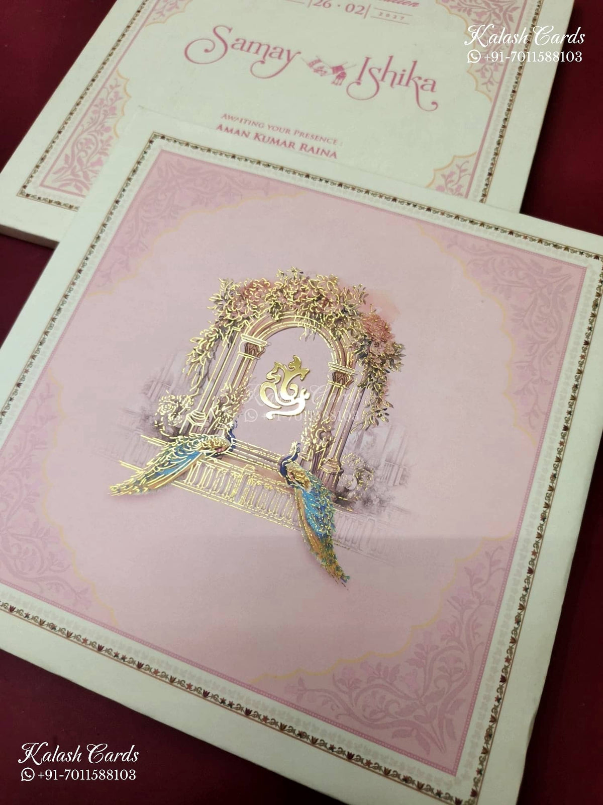 KLB-1382 Creme Pink Royal Arch Peacock Padded Thick Wedding Card (2 Page)