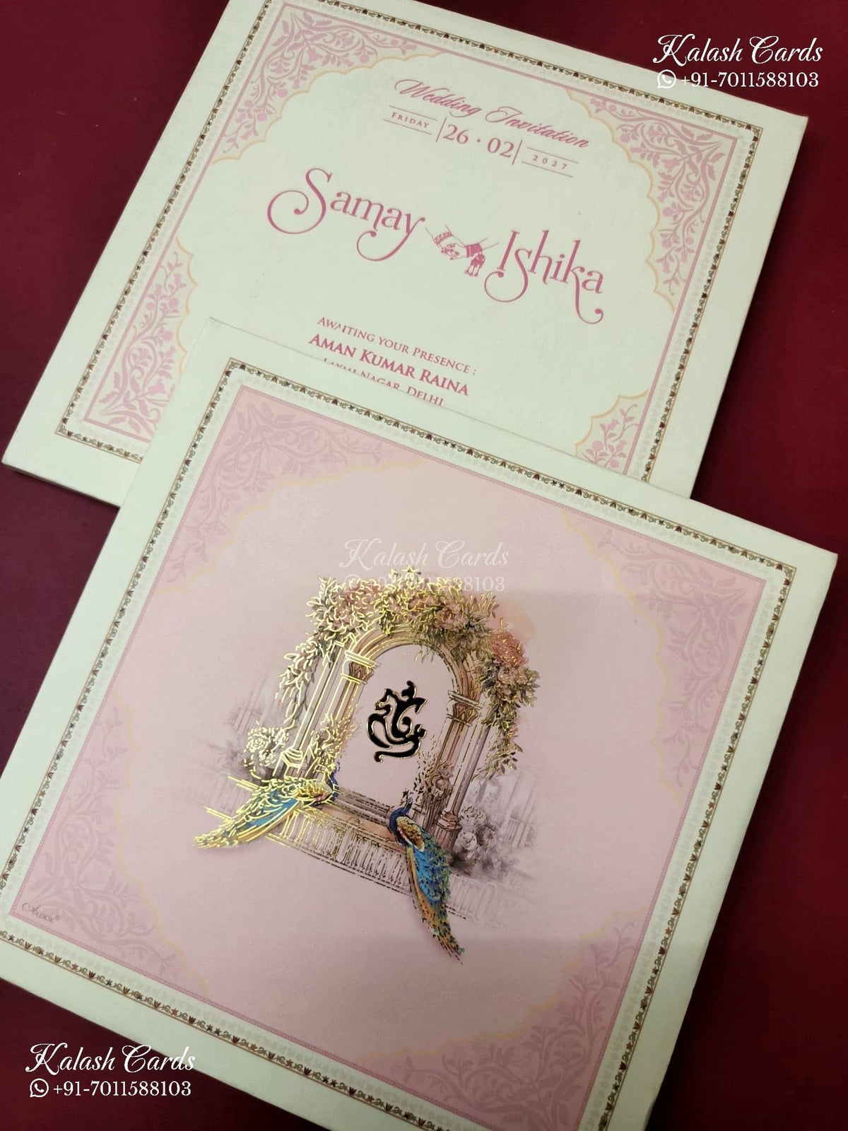 KLB-1382 Creme Pink Royal Arch Peacock Padded Thick Wedding Card (2 Page)
