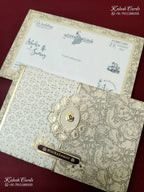 KLB-1383 White Creme Floral Embossed Padded Thick Wedding Card (2 Page & Couple Name Wooden Plate)-Kalash Cards