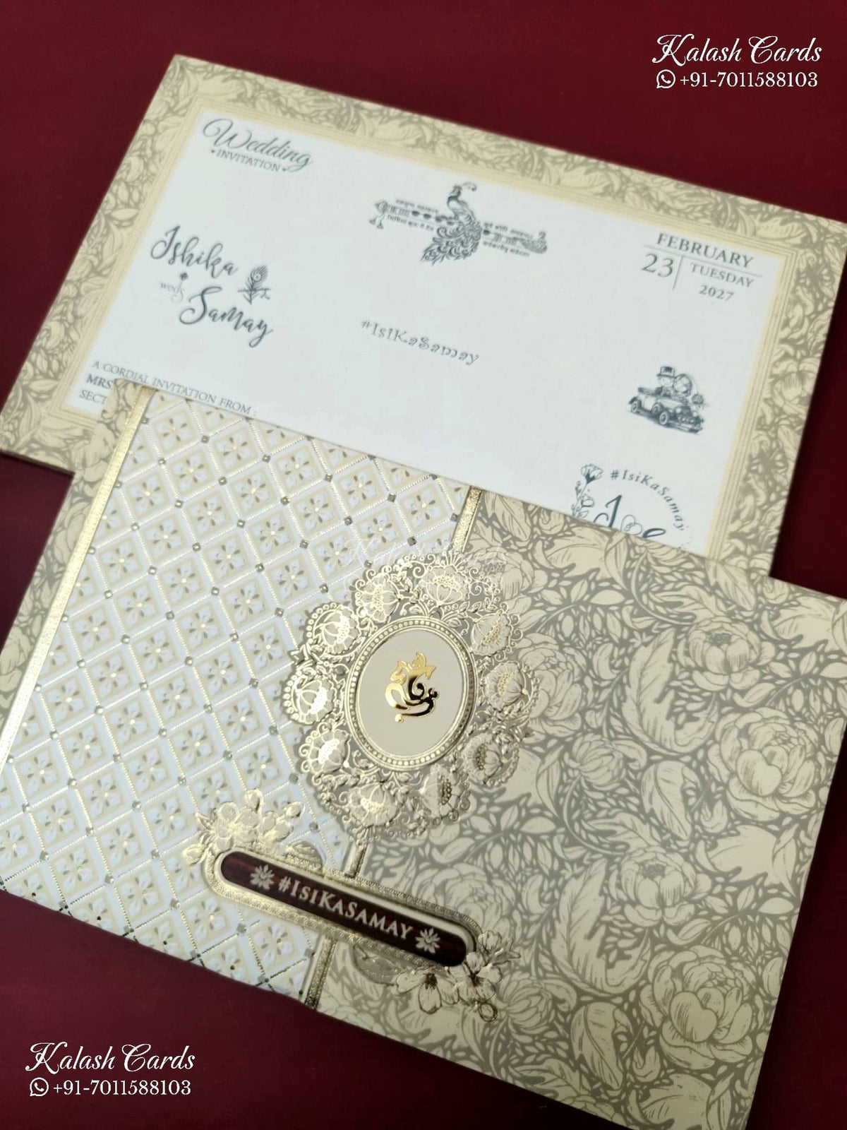 KLB-1383 White Creme Floral Embossed Padded Thick Wedding Card (2 Page & Couple Name Wooden Plate)