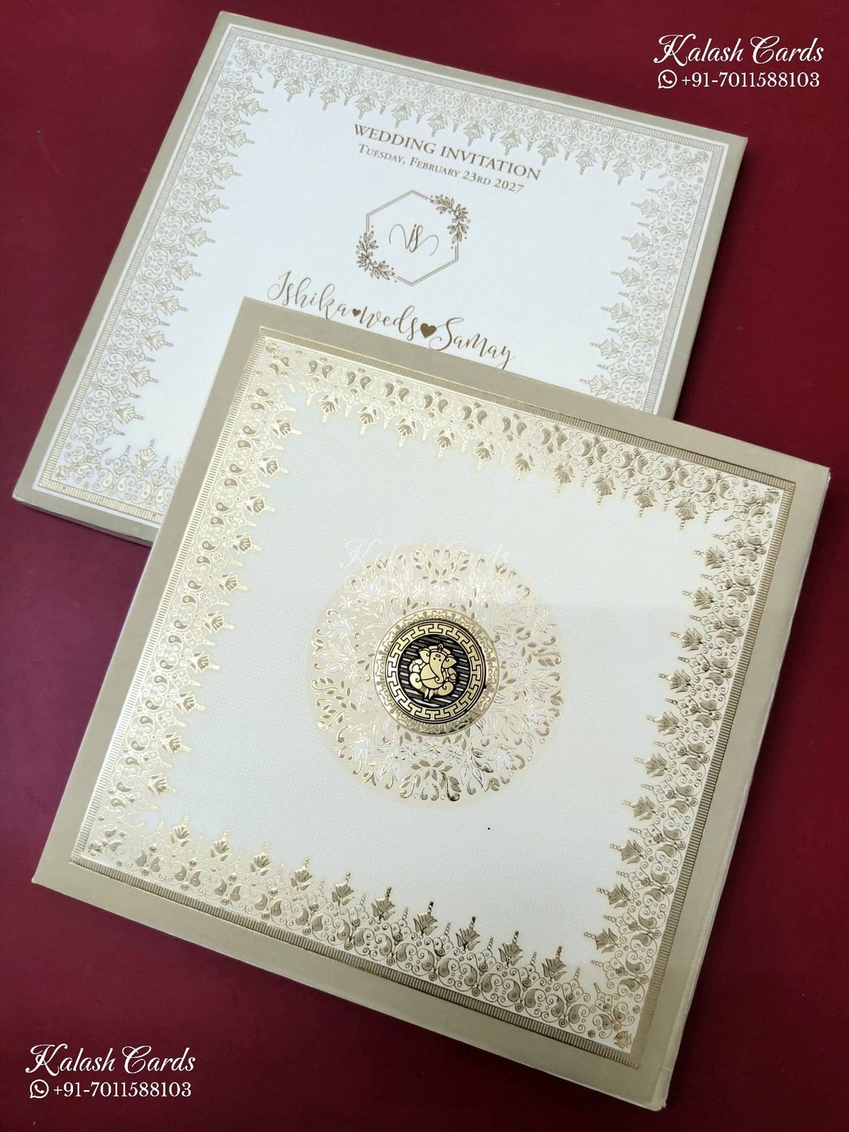 KLB-1384 White Golden Traditional Padded Thick Wedding Card (2 Page)-Kalash Cards