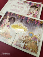 KLB-1386 Creme Purple Bride Groom Elephant Door Style Padded Thick Wedding Card (2 Page & Couple Name Acrylic)-Kalash Cards