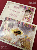 KLB-1386 Creme Purple Bride Groom Elephant Door Style Padded Thick Wedding Card (2 Page & Couple Name Acrylic)-Kalash Cards