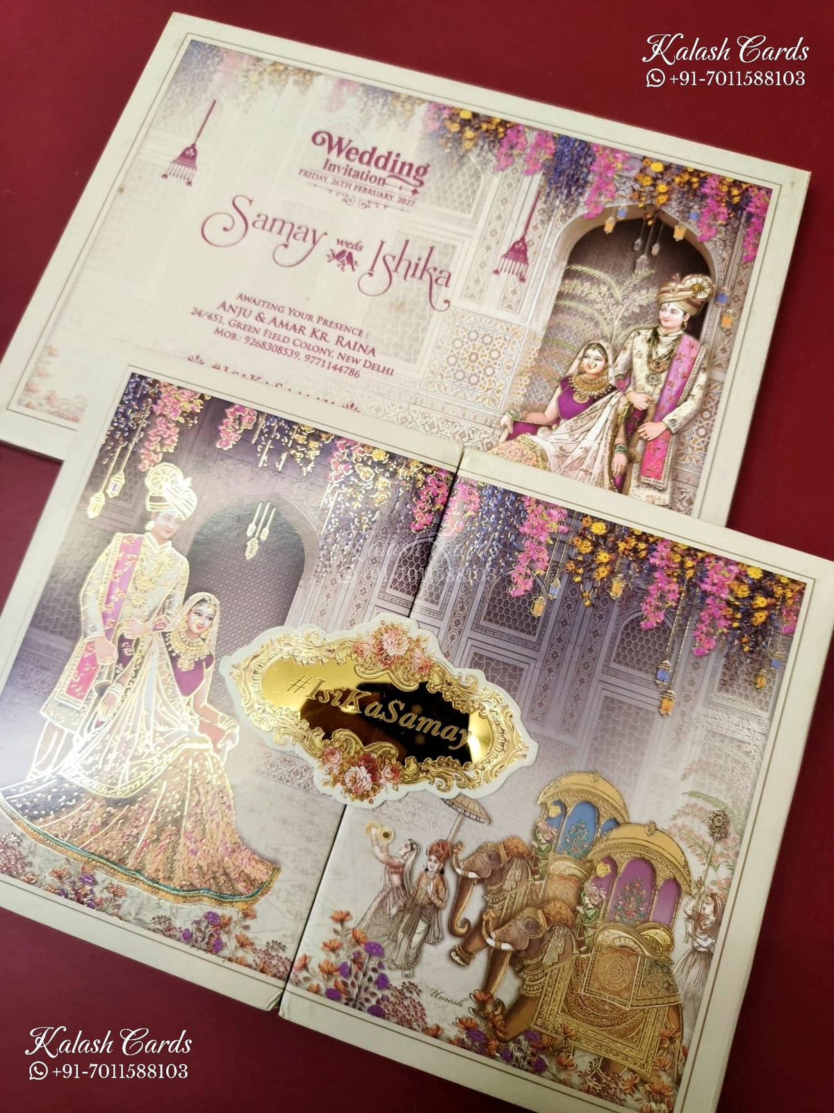KLB-1386 Creme Purple Bride Groom Elephant Door Style Padded Thick Wedding Card (2 Page & Couple Name Acrylic)-Kalash Cards