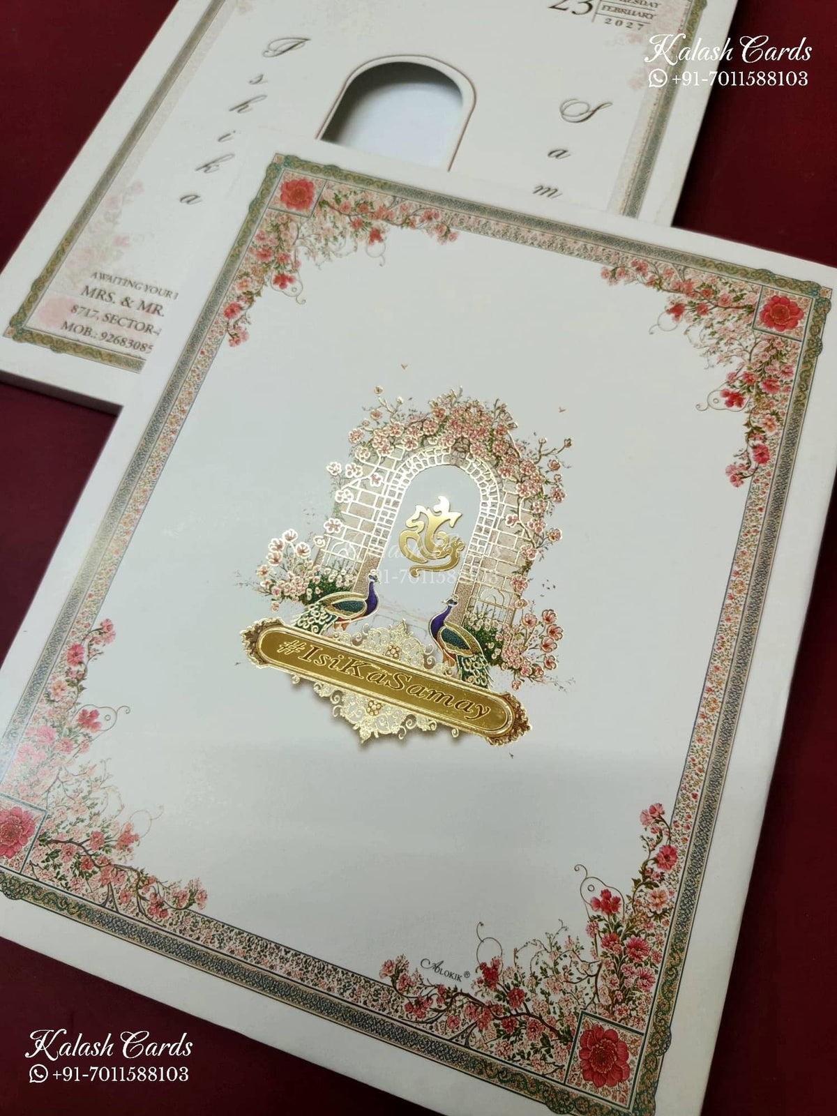 KLB-1387 Creme Royal Arch Peacock Padded Thick Wedding Card (2 Page)
