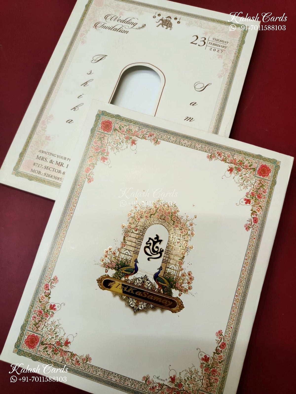 KLB-1387 Creme Royal Arch Peacock Padded Thick Wedding Card (2 Page)