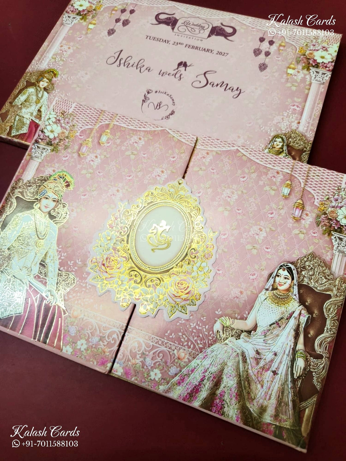 KLB-1388 Pink Bride Groom Door Style Padded Thick Wedding Card (2 Page)-Kalash Cards