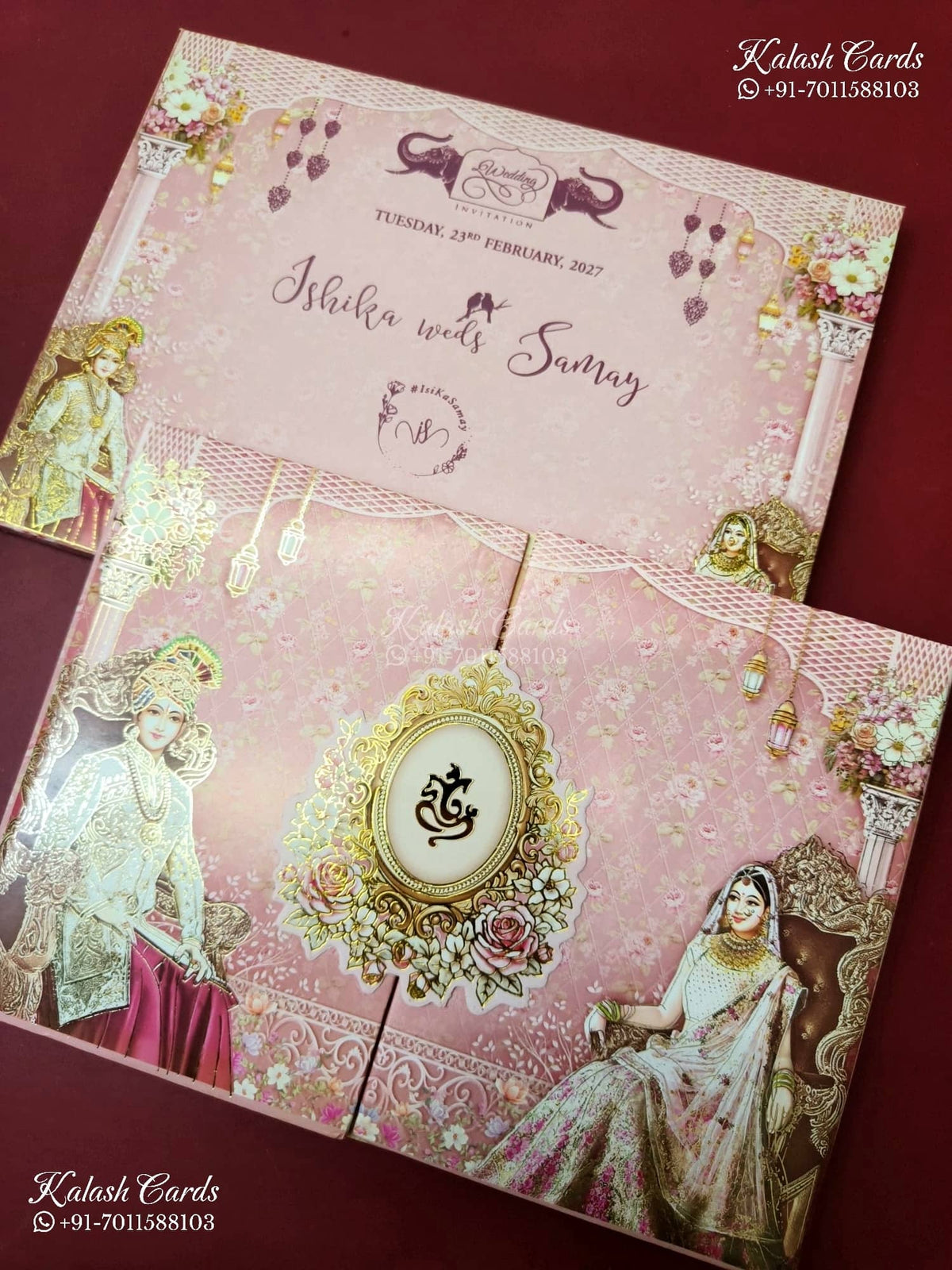 KLB-1388 Pink Bride Groom Door Style Padded Thick Wedding Card (2 Page)-Kalash Cards