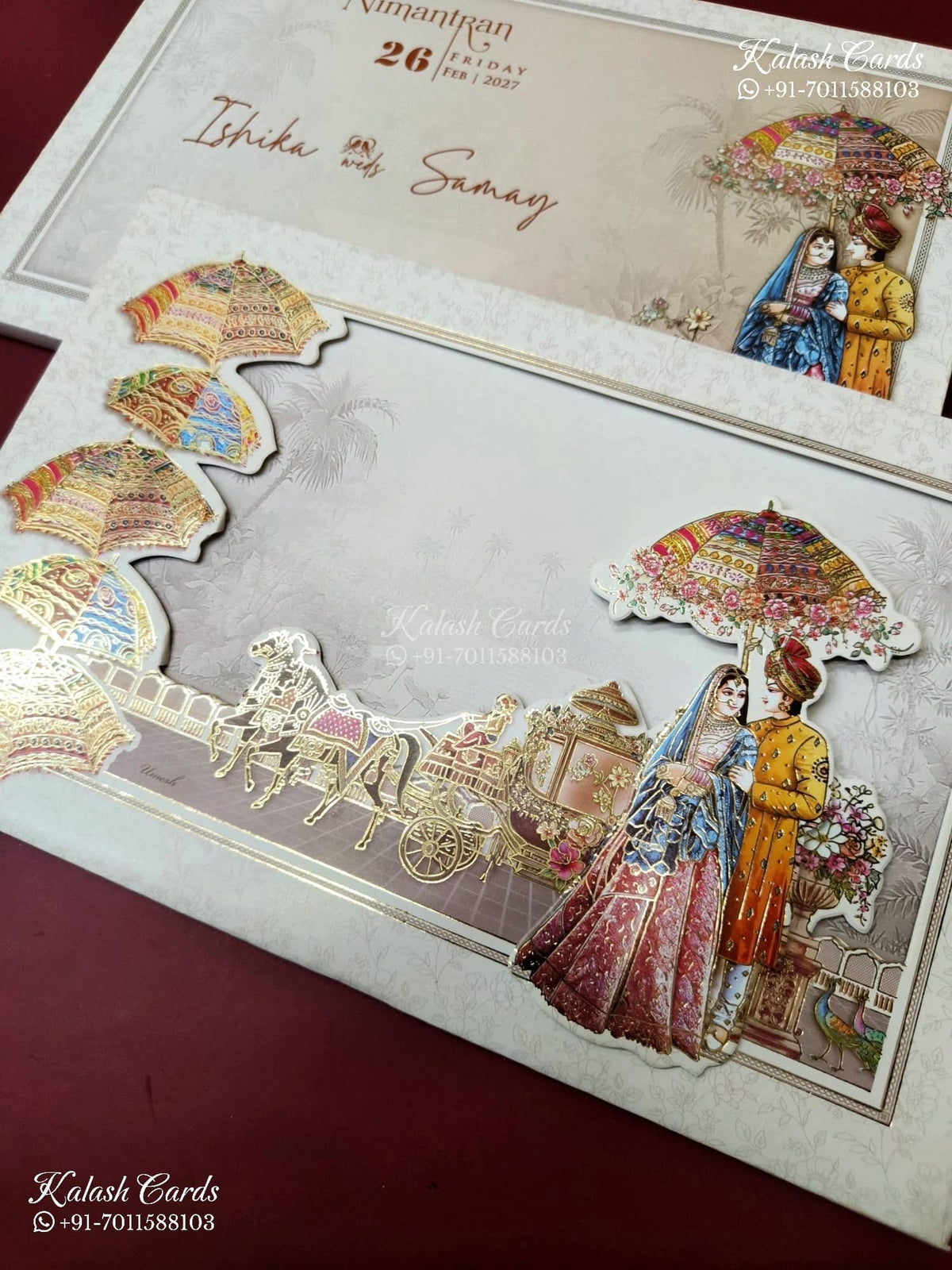 KLB-1392 Creme Bride Groom Barat Laser Cut Padded Thick Wedding Card (2 Page)