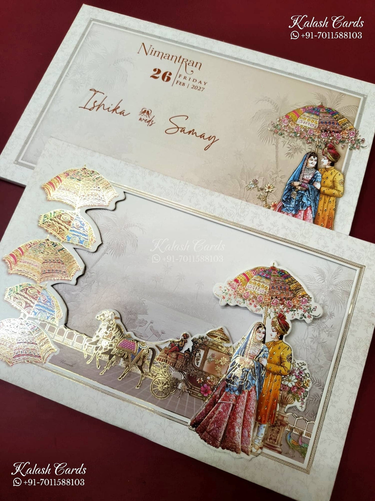 KLB-1392 Creme Bride Groom Barat Laser Cut Padded Thick Wedding Card (2 Page)