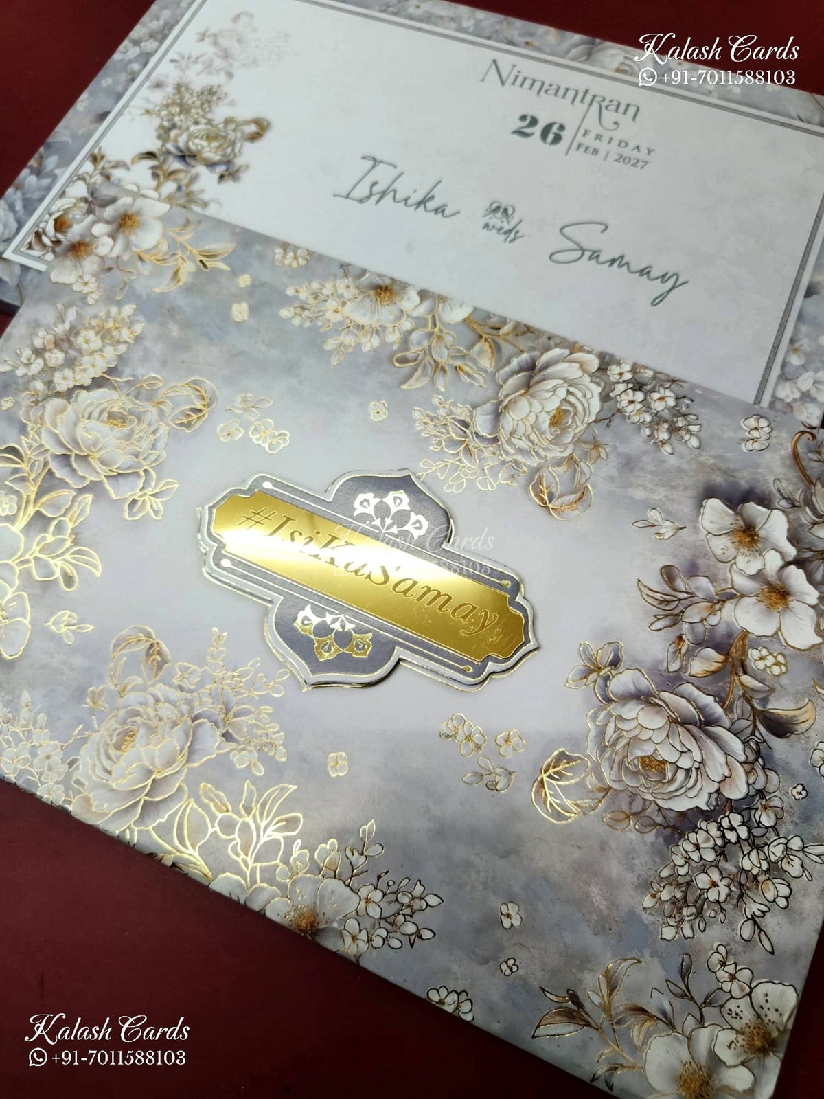 KLB-1393 Grey Floral Padded Thick Wedding Card (2 Page & Couple Name Acrylic)