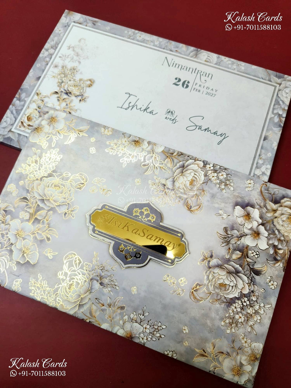 KLB-1393 Grey Floral Padded Thick Wedding Card (2 Page & Couple Name Acrylic)