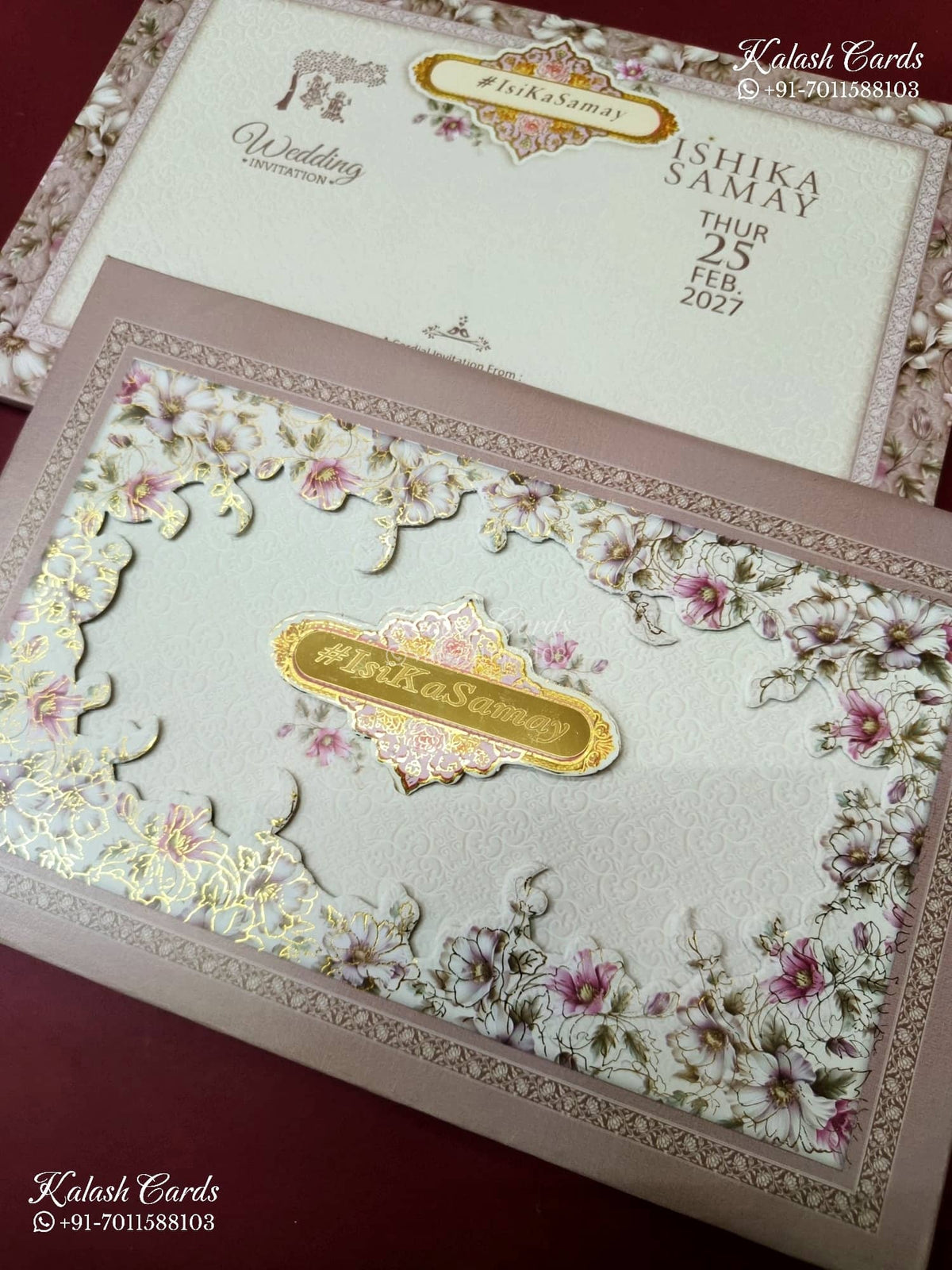 KLB-1398 Creme Brown Floral Laser Cut Padded Thick Wedding Card (2 Page & Couple Name Acrylic)