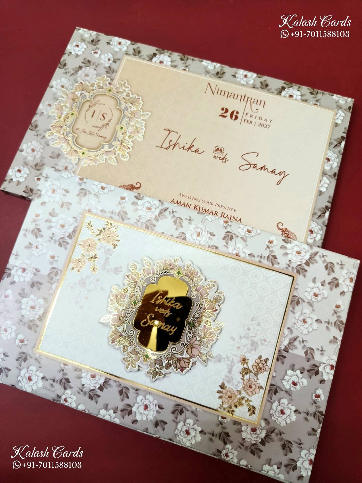KLB-1399 Creme Brown Floral Padded Thick Wedding Card (2 Page & Couple Name Acrylic)