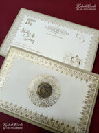 KLB-1401 Creme Golden Traditional Padded Thick Wedding Card (2 Page)-Kalash Cards