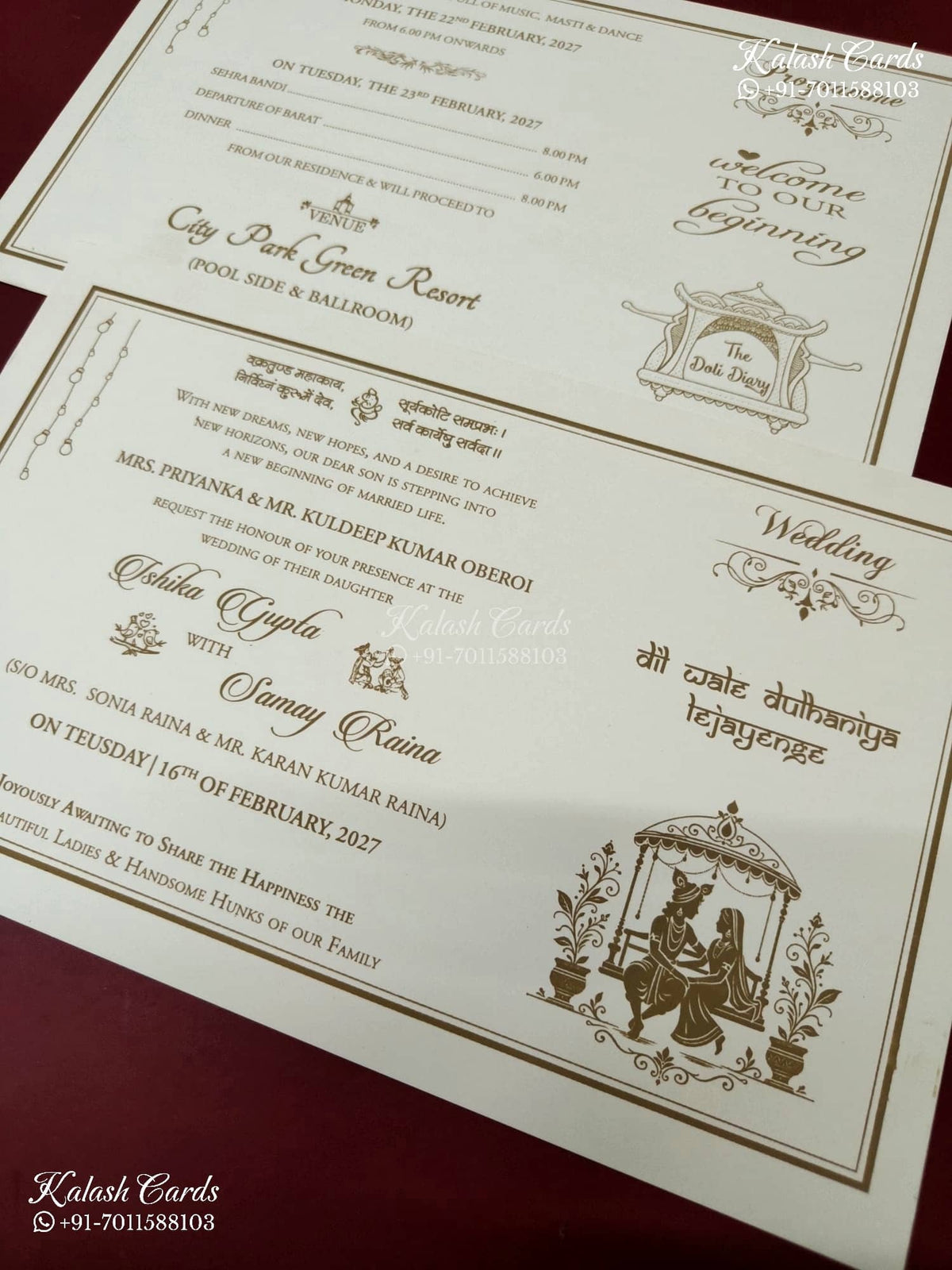 KLB-1401 Creme Golden Traditional Padded Thick Wedding Card (2 Page)-Kalash Cards