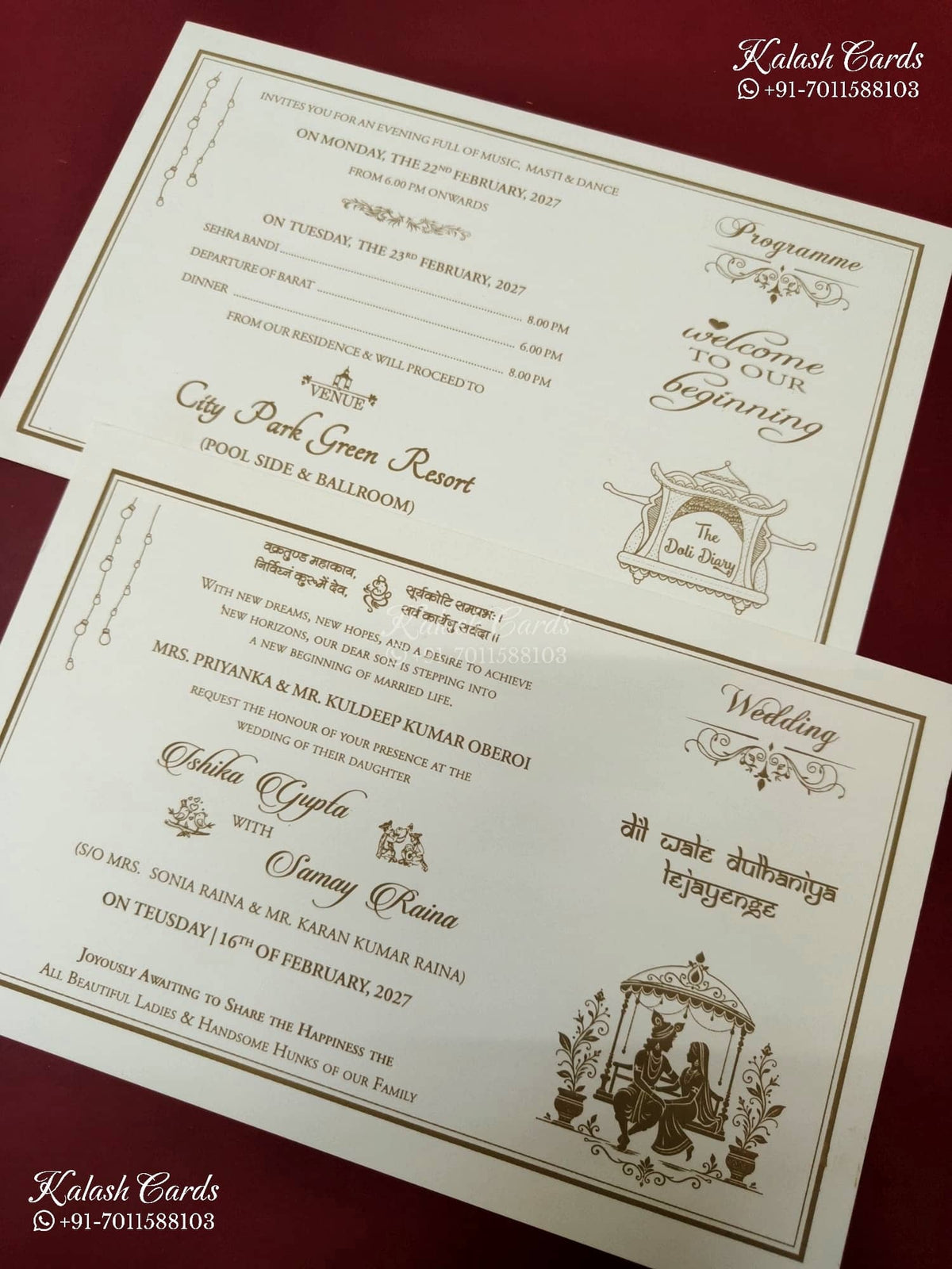 KLB-1401 Creme Golden Traditional Padded Thick Wedding Card (2 Page)-Kalash Cards