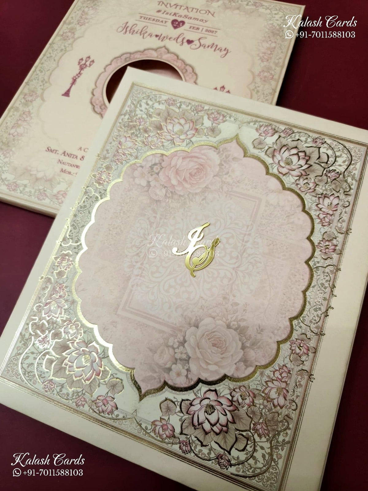 KLB-1402 Creme Pink Lotus Floral Padded Thick Wedding Card (2 Page & Couple Initial Acrylic)