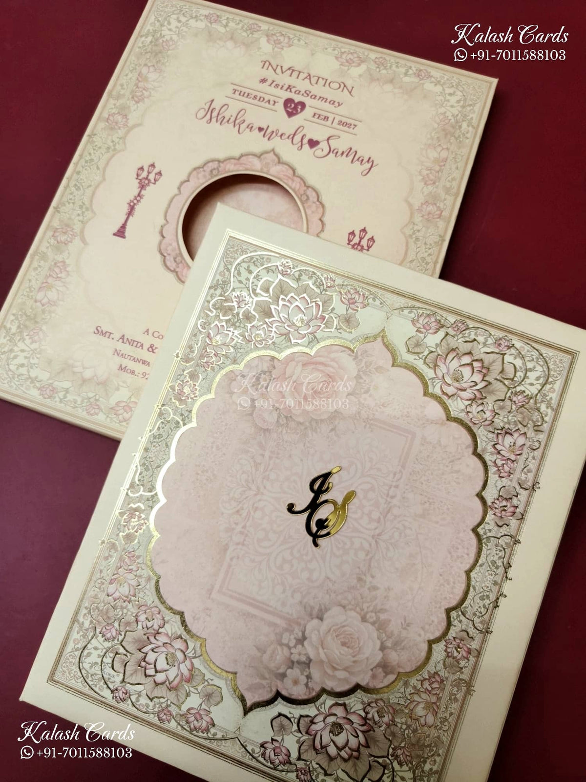 KLB-1402 Creme Pink Lotus Floral Padded Thick Wedding Card (2 Page & Couple Initial Acrylic)