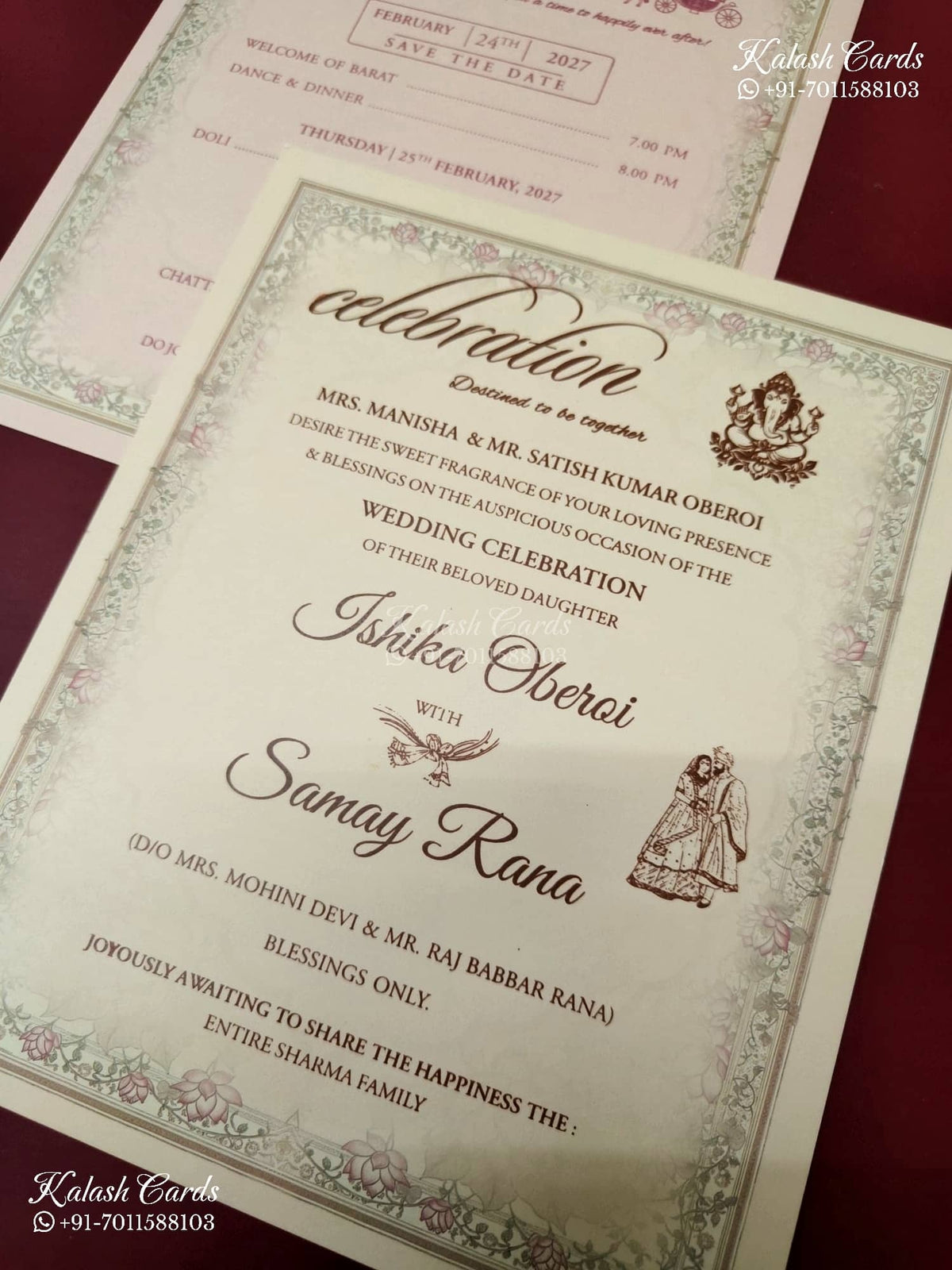 KLB-1402 Creme Pink Lotus Floral Padded Thick Wedding Card (2 Page & Couple Initial Acrylic)