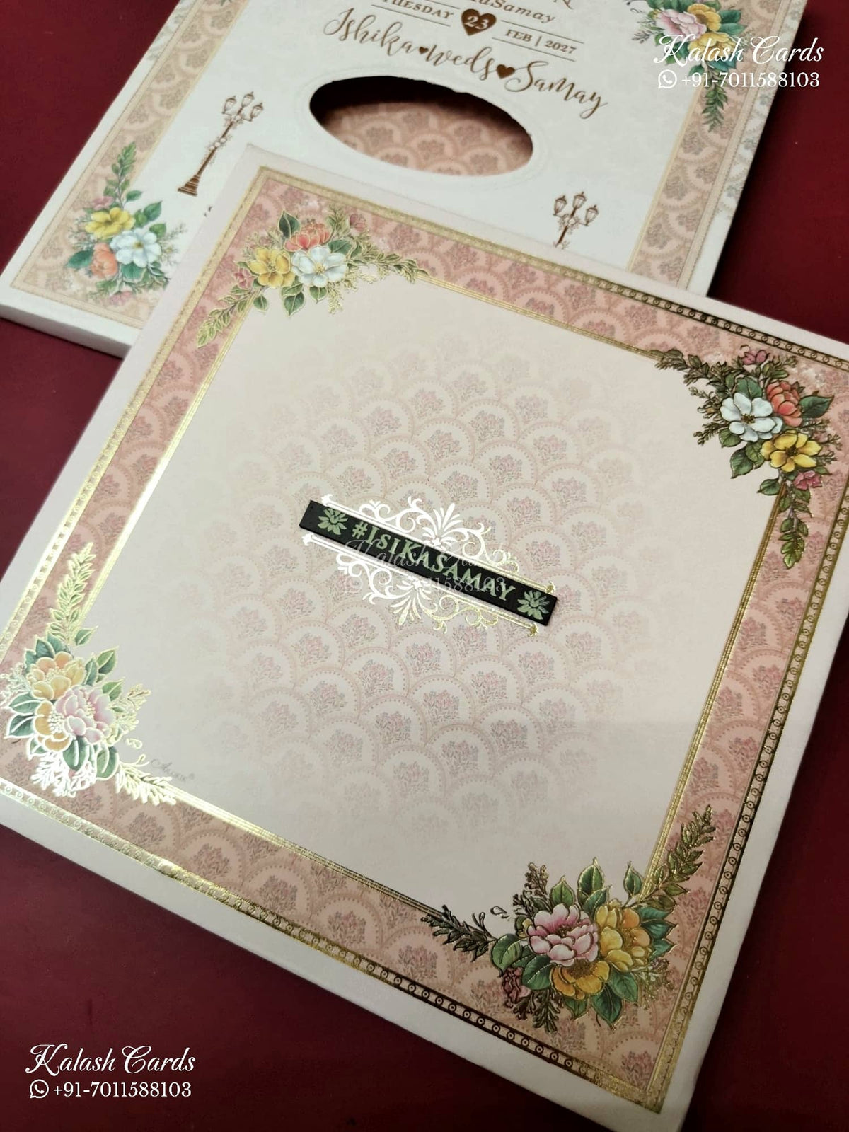 KLB-1403 Creme Peach Floral Padded Thick Wedding Card (2 Page & Couple Name Wooden Plate)