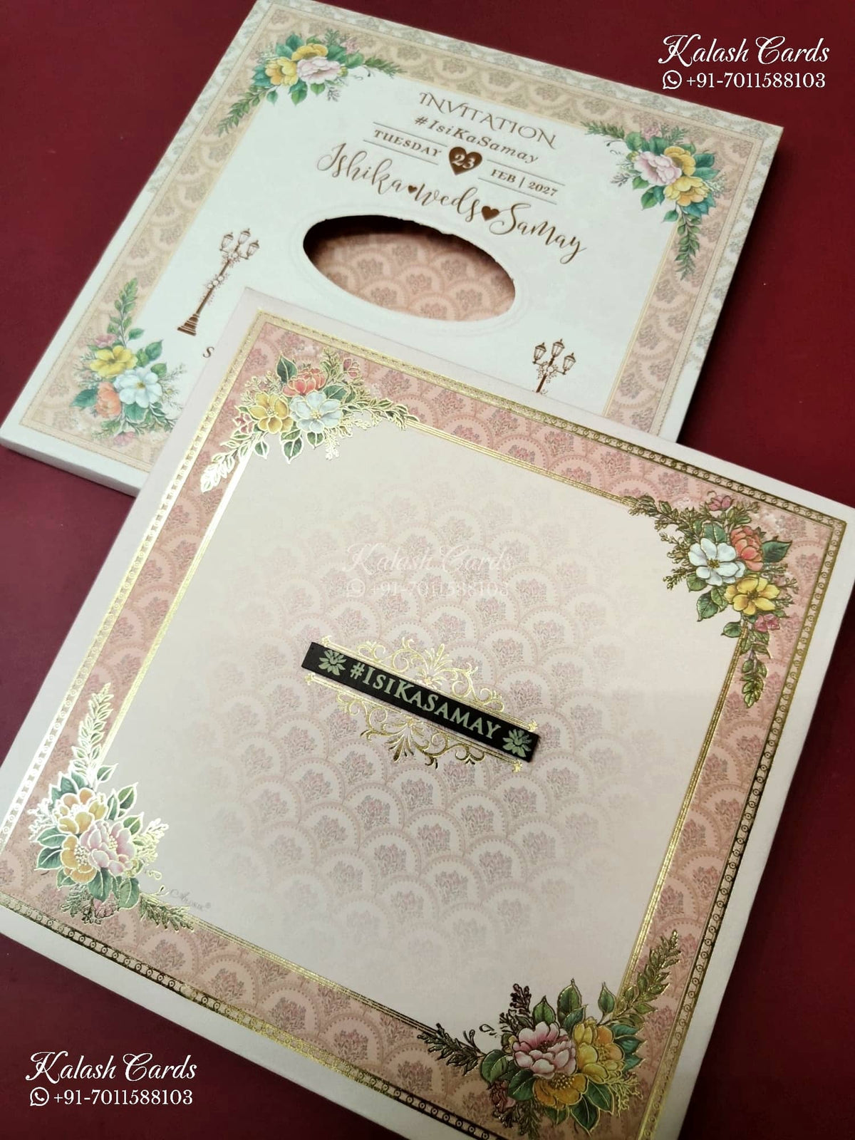 KLB-1403 Creme Peach Floral Padded Thick Wedding Card (2 Page & Couple Name Wooden Plate)
