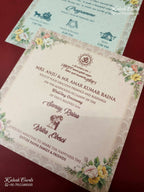 KLB-1403 Creme Peach Floral Padded Thick Wedding Card (2 Page & Couple Name Wooden Plate)-Kalash Cards