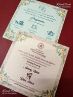 KLB-1403 Creme Peach Floral Padded Thick Wedding Card (2 Page & Couple Name Wooden Plate)-Kalash Cards