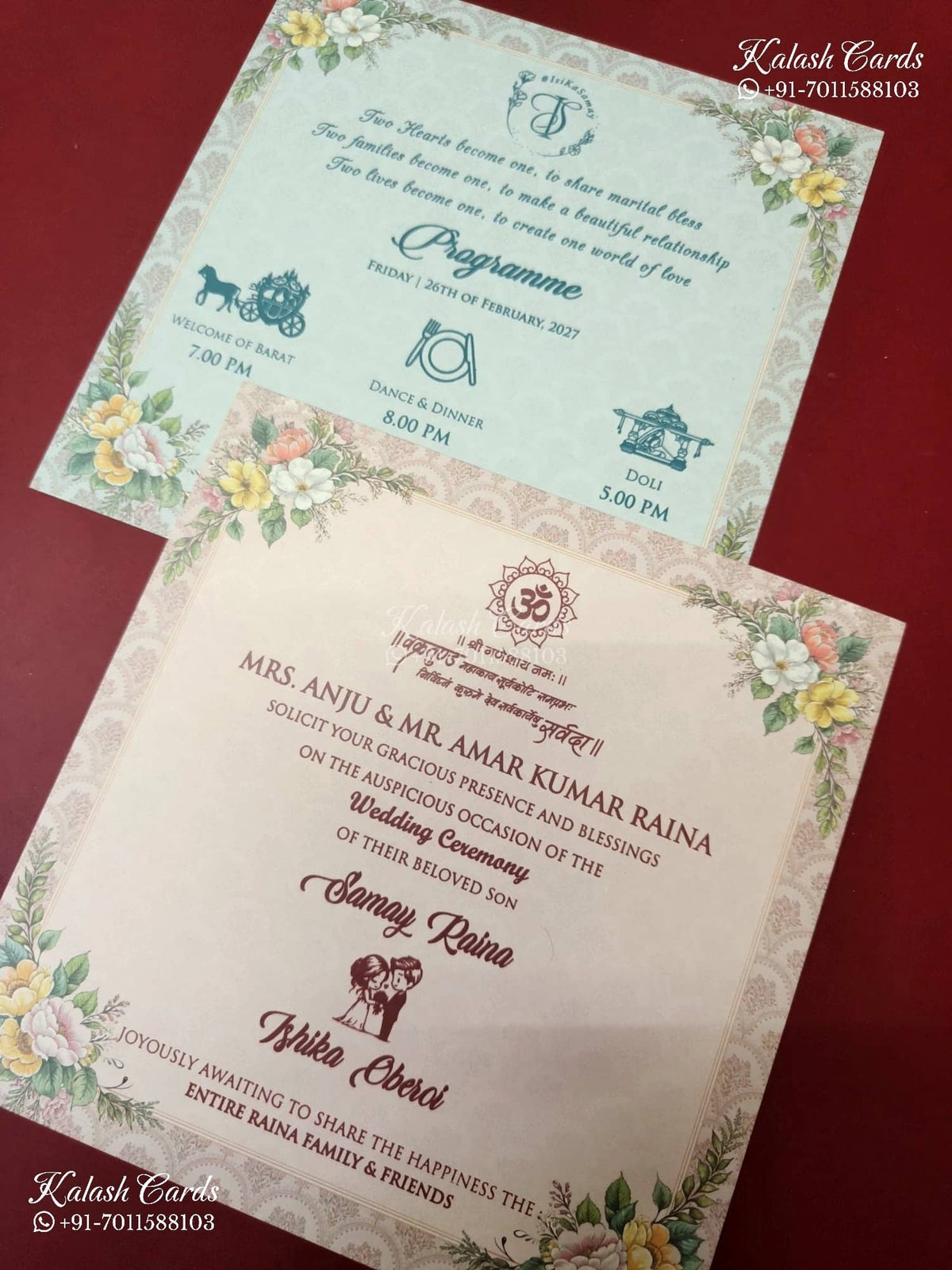 KLB-1403 Creme Peach Floral Padded Thick Wedding Card (2 Page & Couple Name Wooden Plate)
