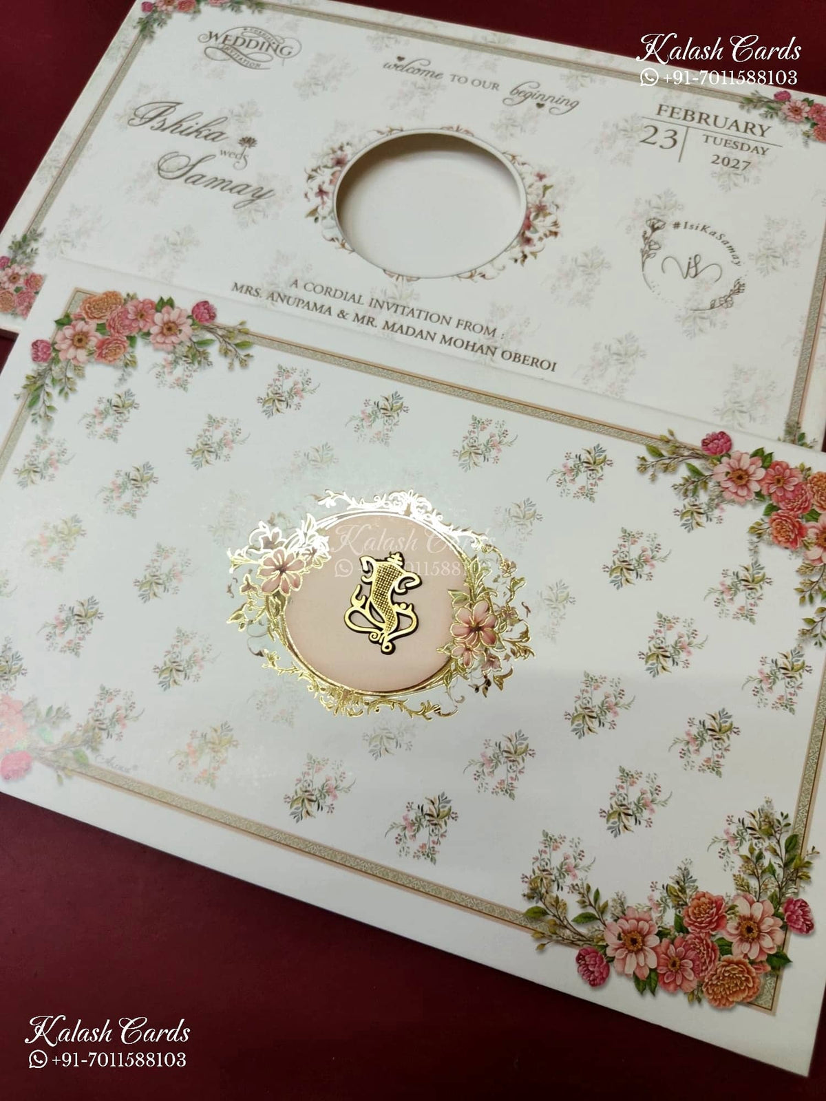 KLB-1409 Creme Floral Semi Box Wedding Card (2 Page)-Kalash Cards