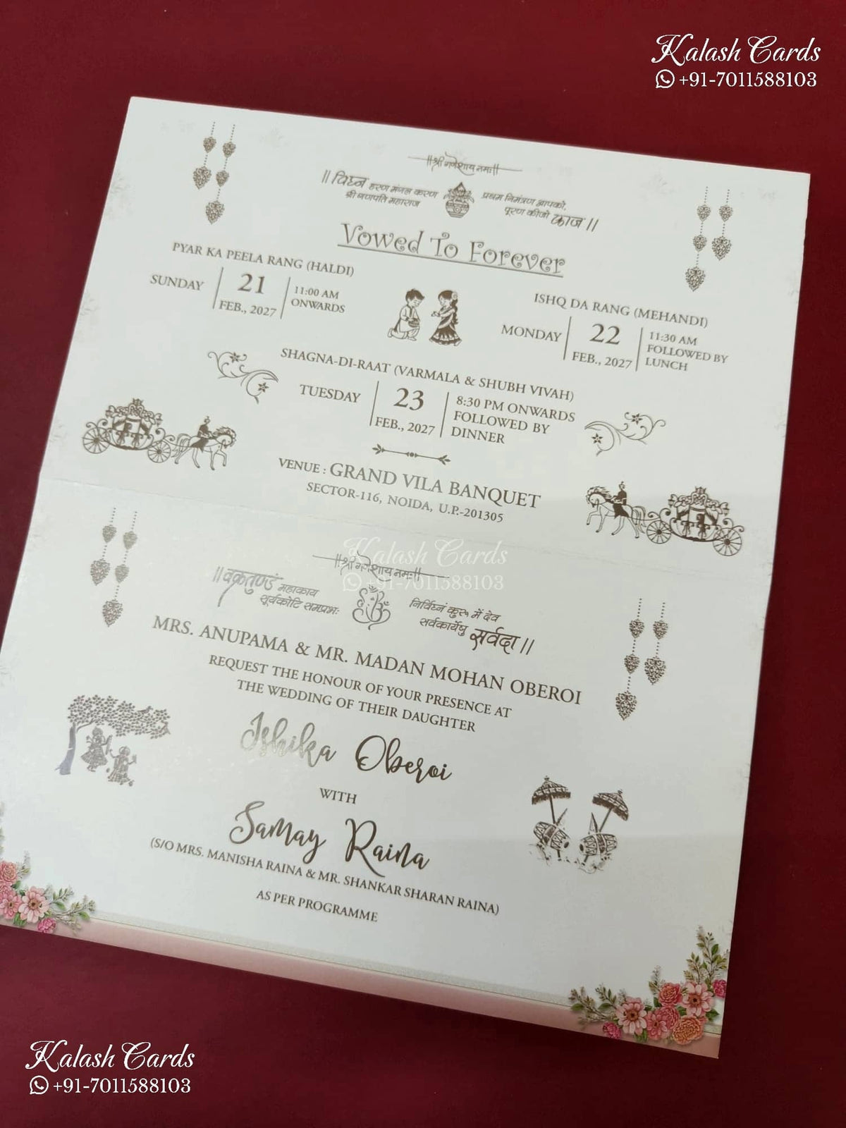 KLB-1409 Creme Floral Semi Box Wedding Card (2 Page)-Kalash Cards