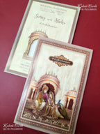KLB-1410 Creme Brown Bride Groom Royal Fort Semi Box Wedding Card (2 Page & Couple Name Wooden Plate)-Kalash Cards