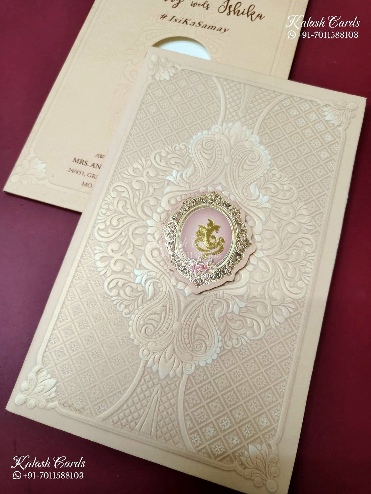 KLB-1412 Peach Traditional Embossed Semi Box Wedding Card (2 Page)-Kalash Cards