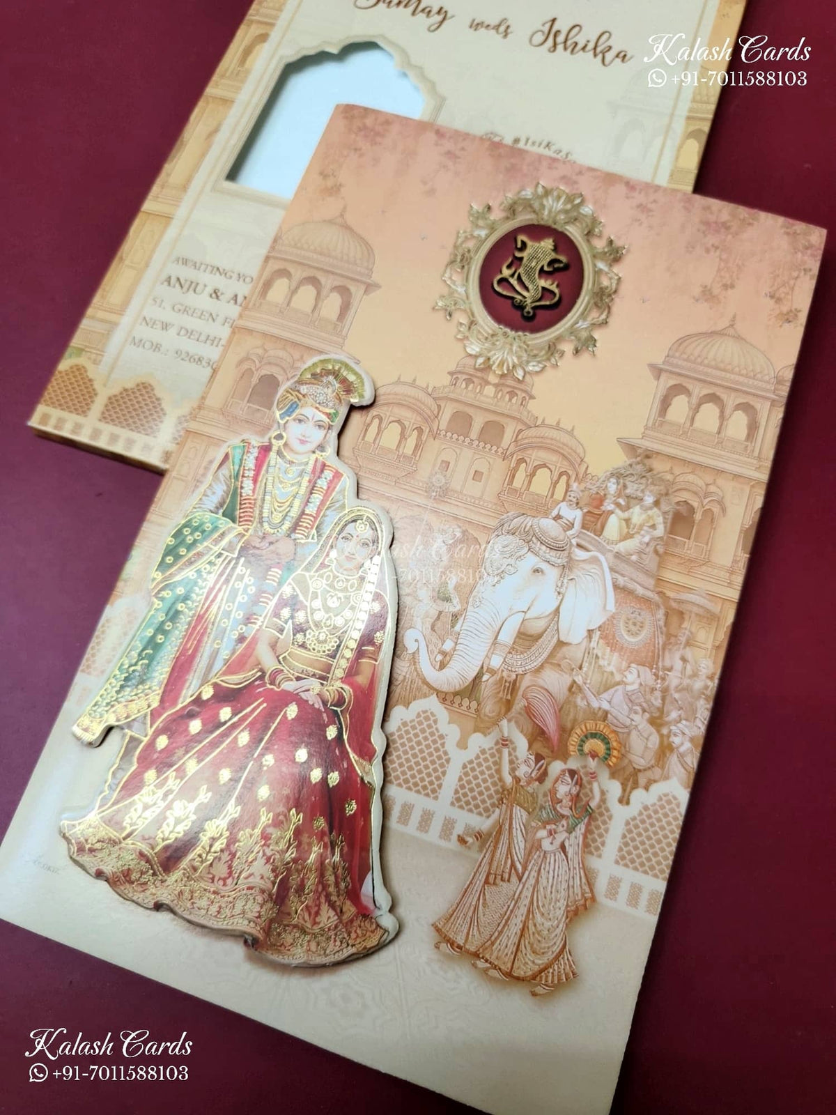 KLB-1413 Creme Peach Bride Groom Barat Laser Cut Semi Box Wedding Card (2 Page)-Kalash Cards