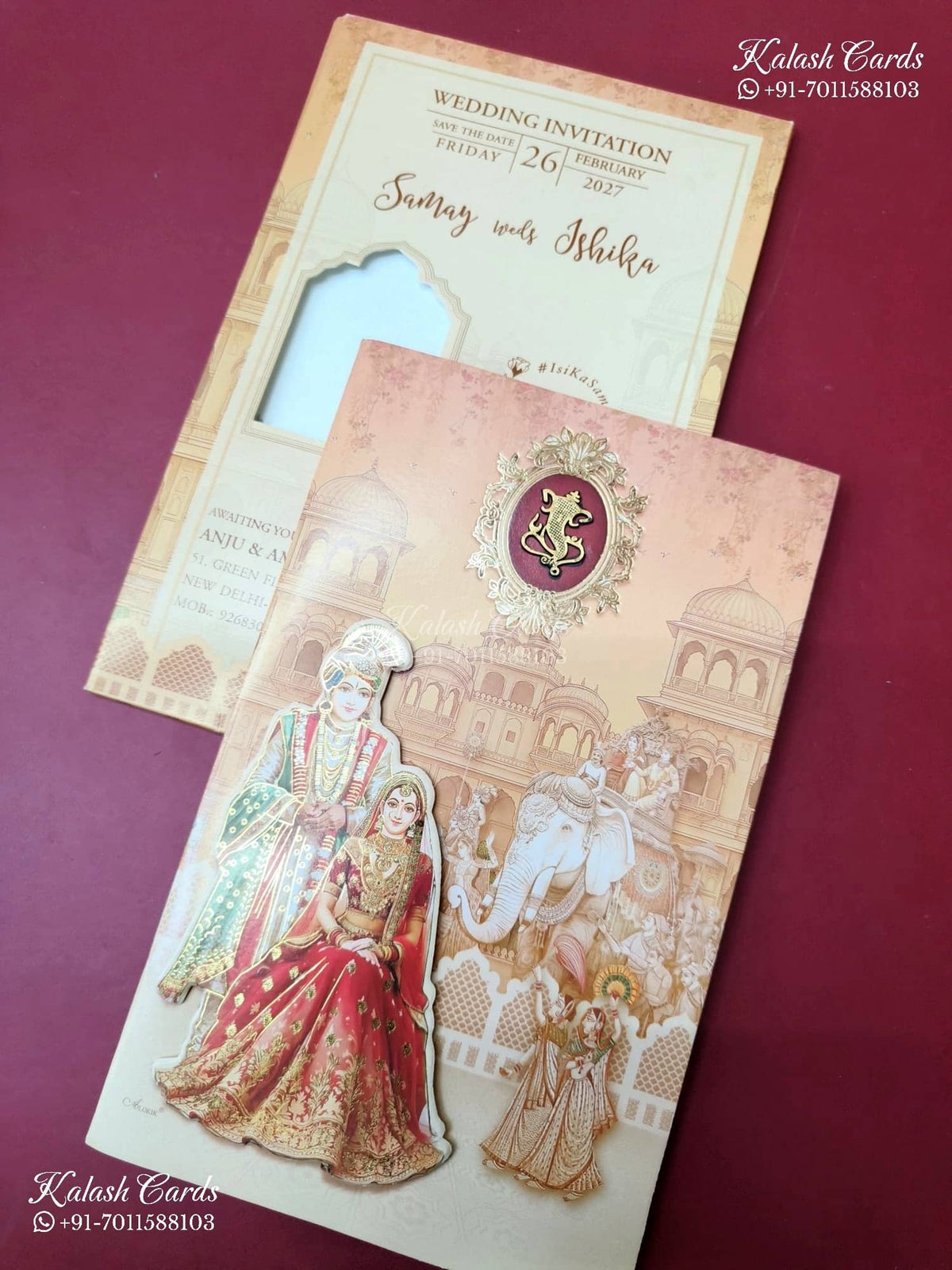 KLB-1413 Creme Peach Bride Groom Barat Laser Cut Semi Box Wedding Card (2 Page)-Kalash Cards