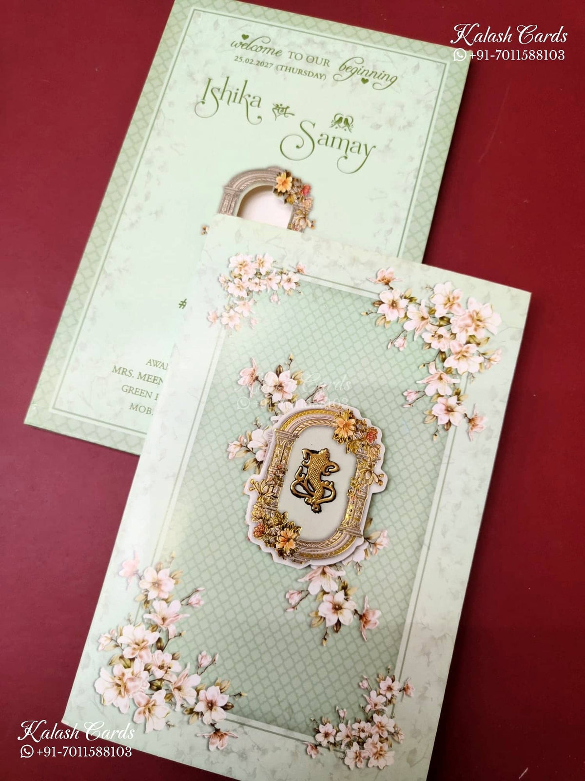 KLB-1414 Green Floral Semi Box Wedding Card (2 Page)-Kalash Cards