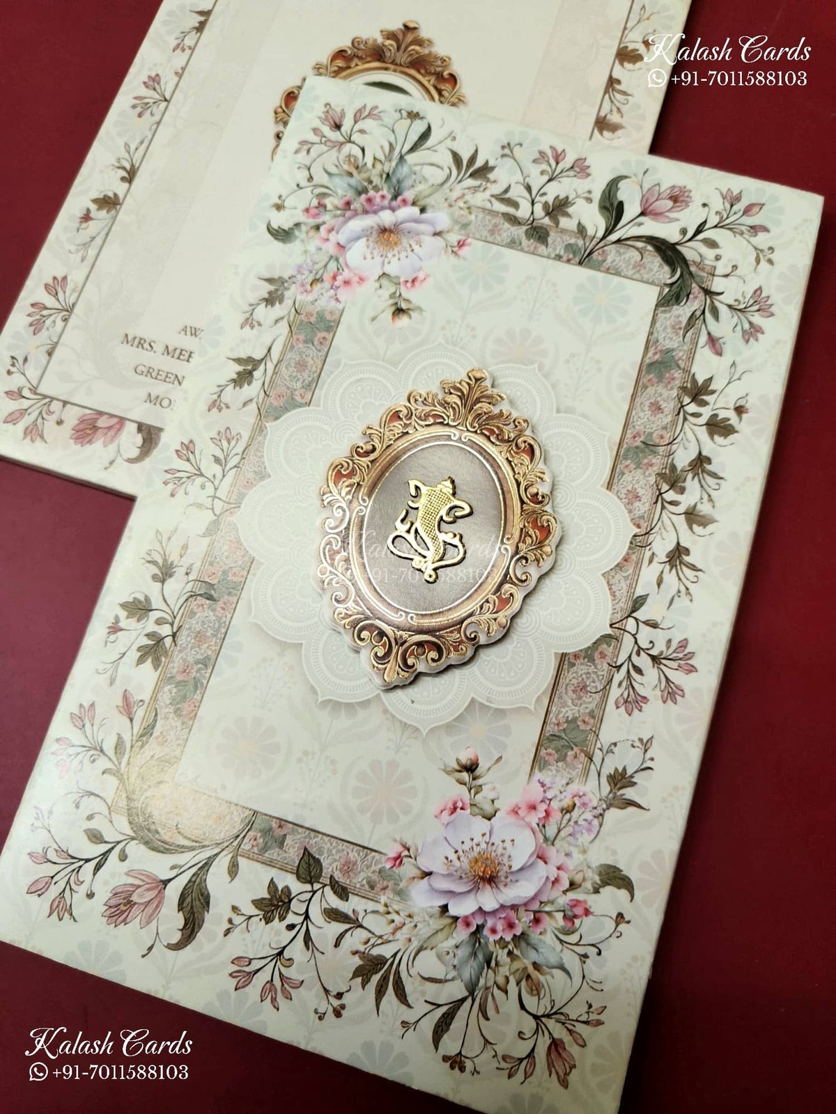 KLB-1415 Creme Floral Semi Box Wedding Card (2 Page)-Kalash Cards