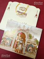 KLB-1424 Creme Blue Bride Groom Elephant Carry Bag Style Semi Box Wedding Card (2 Page)-Kalash Cards