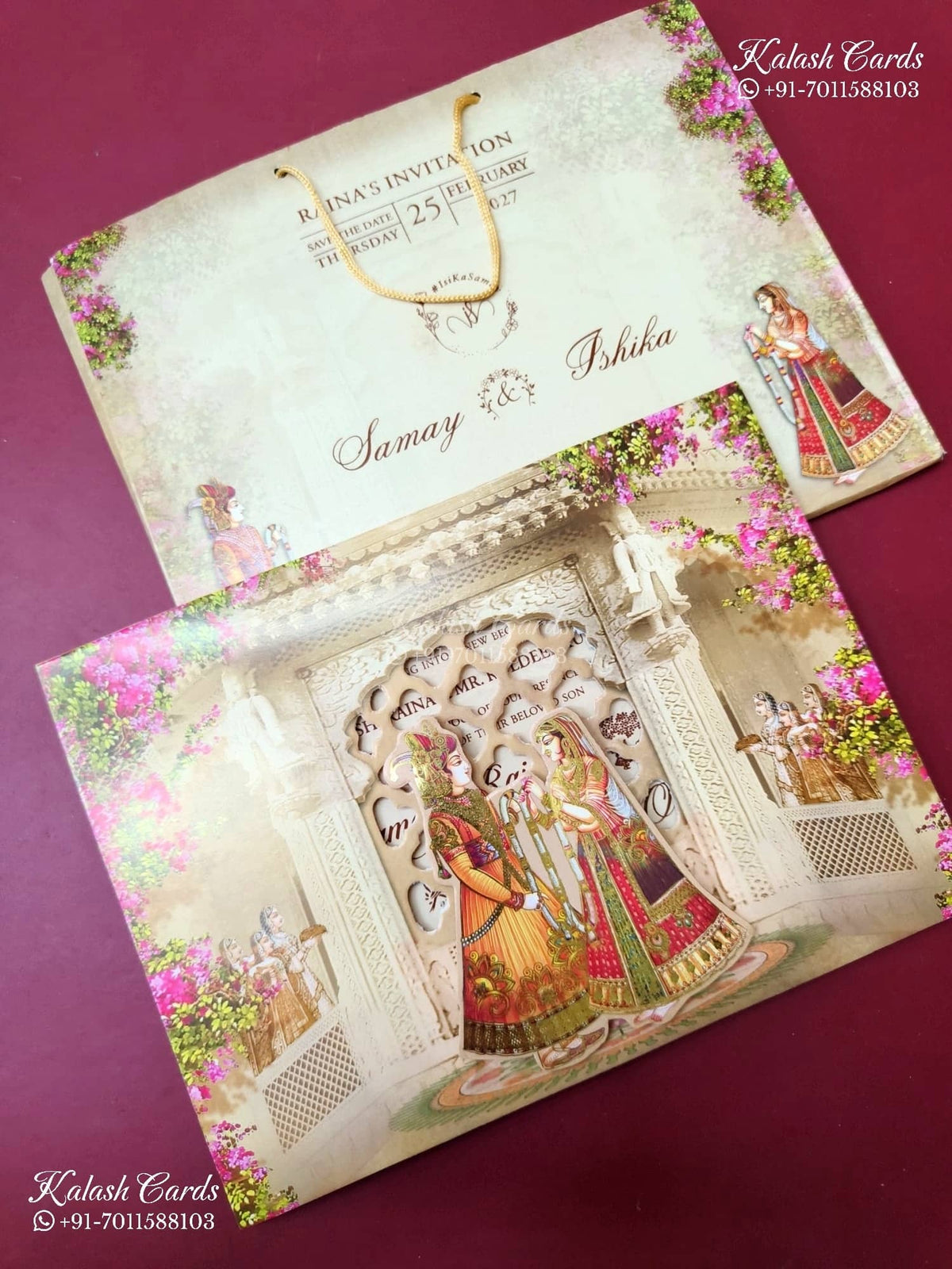 KLB-1425 Creme Bride Groom Laser Cut Carry Bag Style Semi Box Wedding Card (2 Page)-Kalash Cards